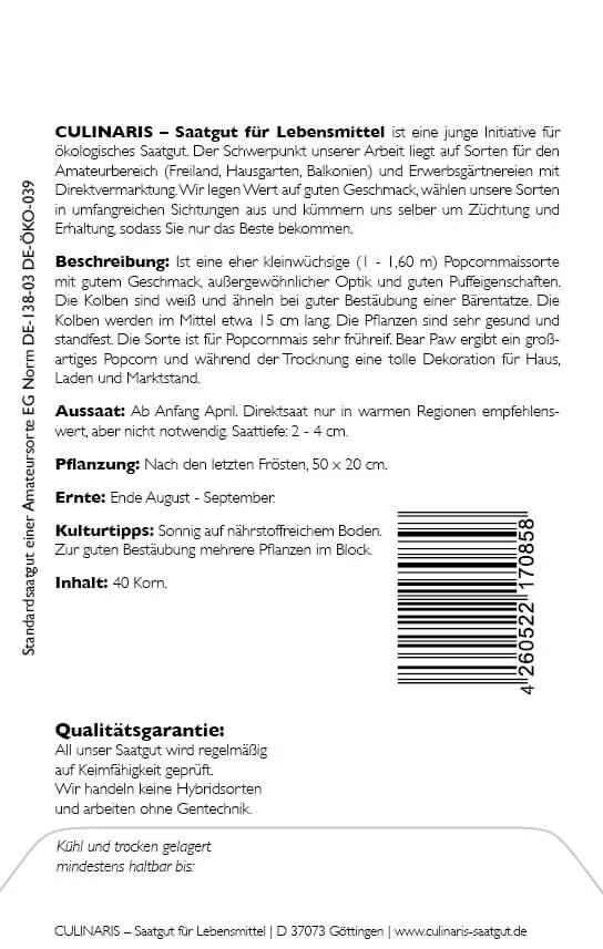 bear paw, popcornmais, freiland, weiss, Saatgut,Bio culinaris kompost und liebe kaufen alte sorten samenfest online shop garten selbstversorger