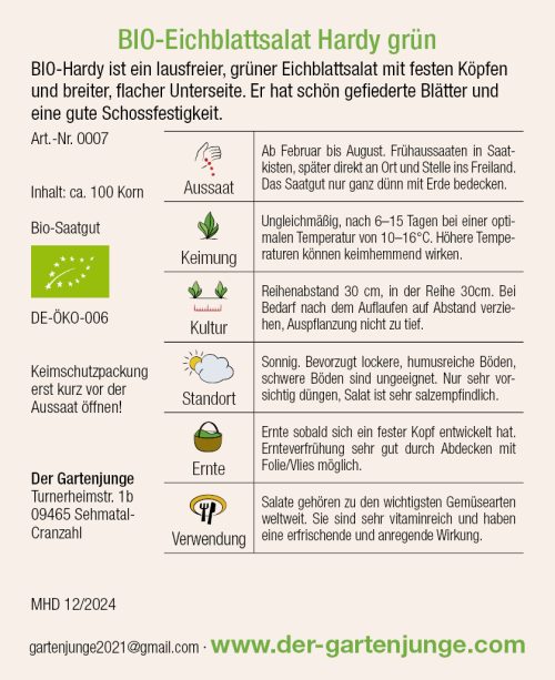 Eichblattsalat Hardy grün samen bio saatgut gartenjunge kompost&liebe kaufen online shop Gartenjunge bio